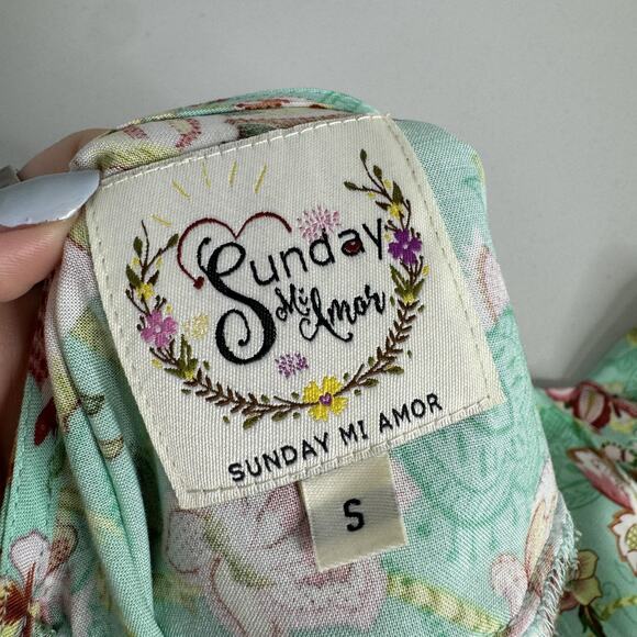 Sunday Mi Amor Anthropologie Dress Womens Small Green Floral Maxi Tiered Cottage - Picture 9 of 16